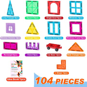 OugerToy 104PCS Magnetic Tiles STEM Building Blocks for Kids Ages 3-9 | Educational Stacking Toys with Car Bases, Creative Construction Gift for Boys Girls OugerToy