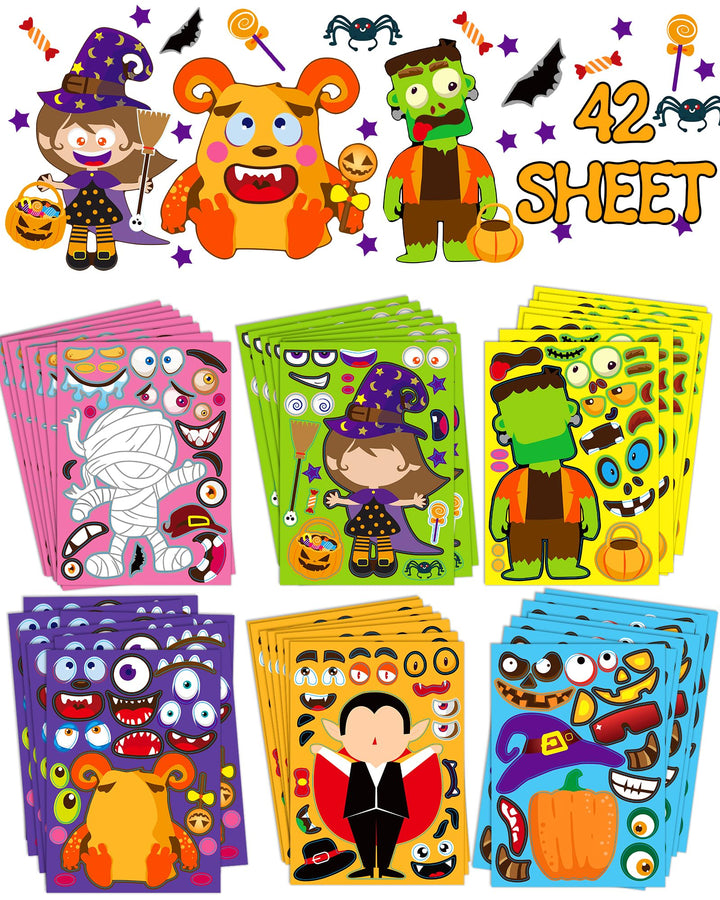 42 Sheets Halloween Party Favors Stickers for Kids, Halloween Crafts Treats | Make Your Own Face Stickers, Non Candy Halloween Goodie Bag Stuffers, Halloween Toys Gifts Activities Prizes for Kids Party