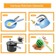 130Pcs Kitchen Playset, Toddler Pretend Cooking Play Pots, Pans, Utensils Cookware, Daily Food Fruit Veges, Shopping Storage Basket, Dessert, Prop Money, Learning Gift for Child (Blue)