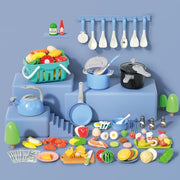 130Pcs Kitchen Playset, Toddler Pretend Cooking Play Pots, Pans, Utensils Cookware, Daily Food Fruit Veges, Shopping Storage Basket, Dessert, Prop Money, Learning Gift for Child (Blue)