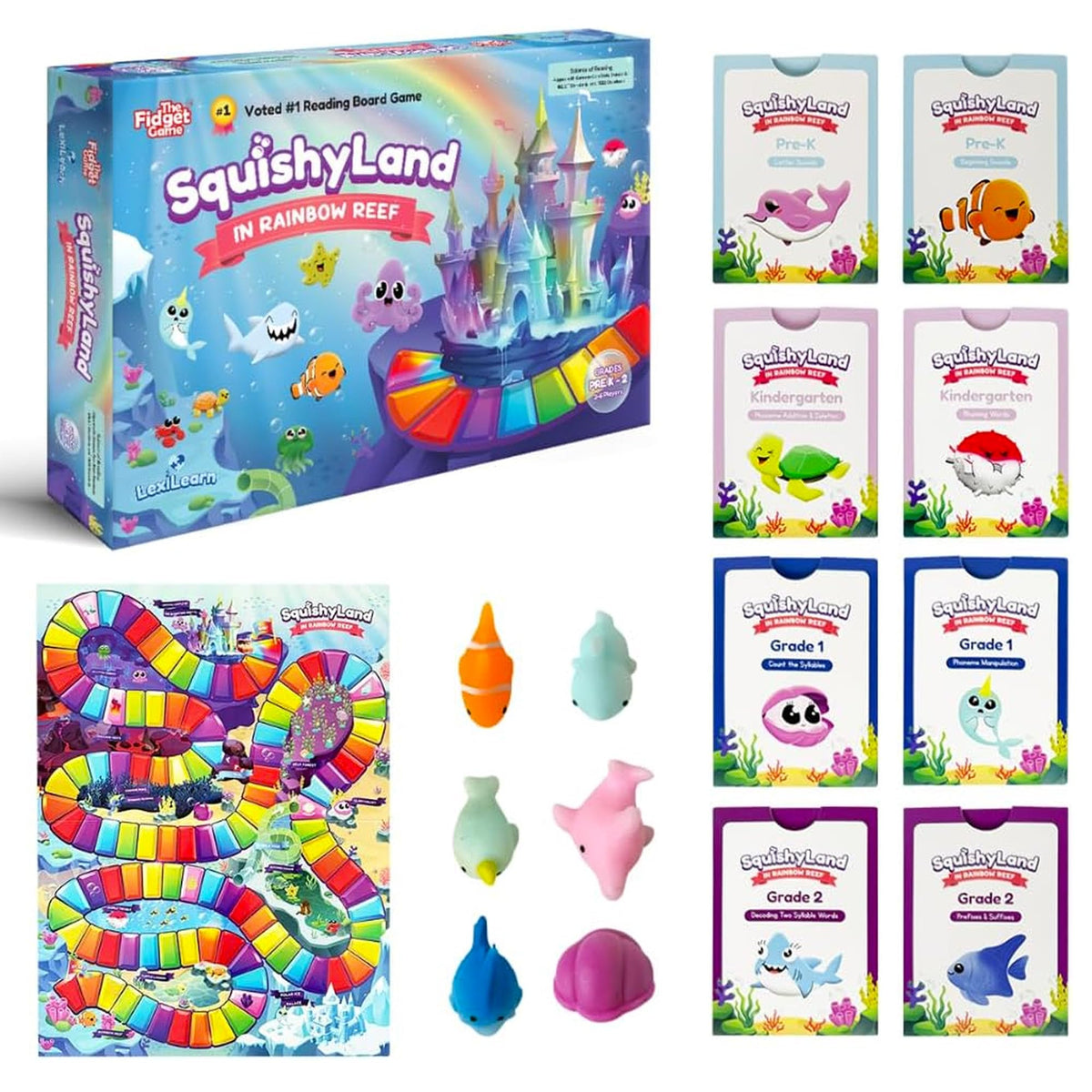 The Fidget Game SquishyLand in Rainbow Reef Board Game, Pre-K to 2nd Grade | Educational & Phonics Kindergarten Learning Activities, Mochi Squishy Toys Set, 2-6 Players