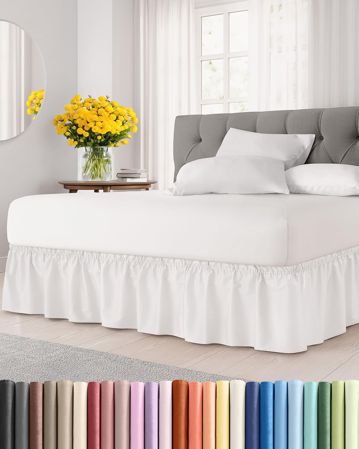 CGK Wrap Around Dust Ruffle Bed Skirt - Queen Size, 15" Inch, Antique White | Easy Fit Elastic Strap, Adjustable Pleated Bedskirt w/Brushed Fabric, Wrinkle & Fade Free, for Women, Men, Kids & Teens