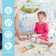 Kids Musical Instruments Set Wooden Montessori Toys for Boys and Girls | musical toy for kids 18 month+, xylophone tambourine set for kids preschool educational, Christmas birthday gift