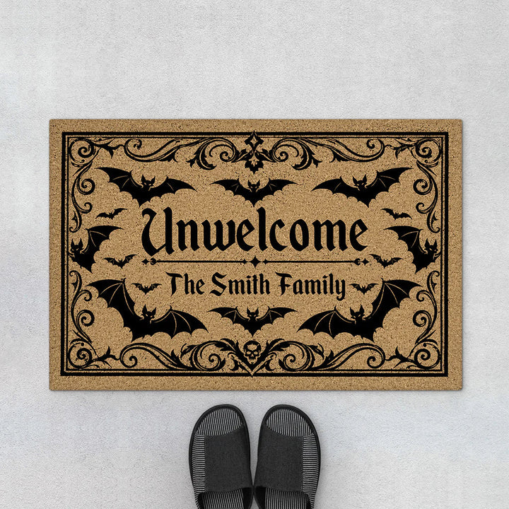 "Unwelcome" Bat Custom Halloween Doormat - Personalized Family Name Spooky Porch Mat